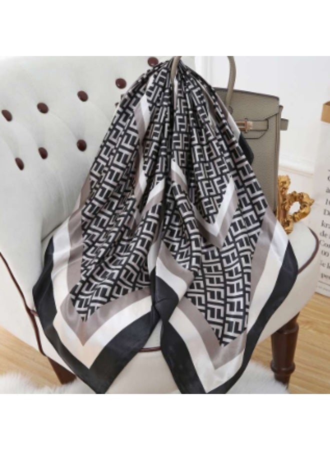 Luxury Geometric Logo Printed Silk Blend Scarf for Women – Black, Grey & White Square Fashion Scarf - Image 4
